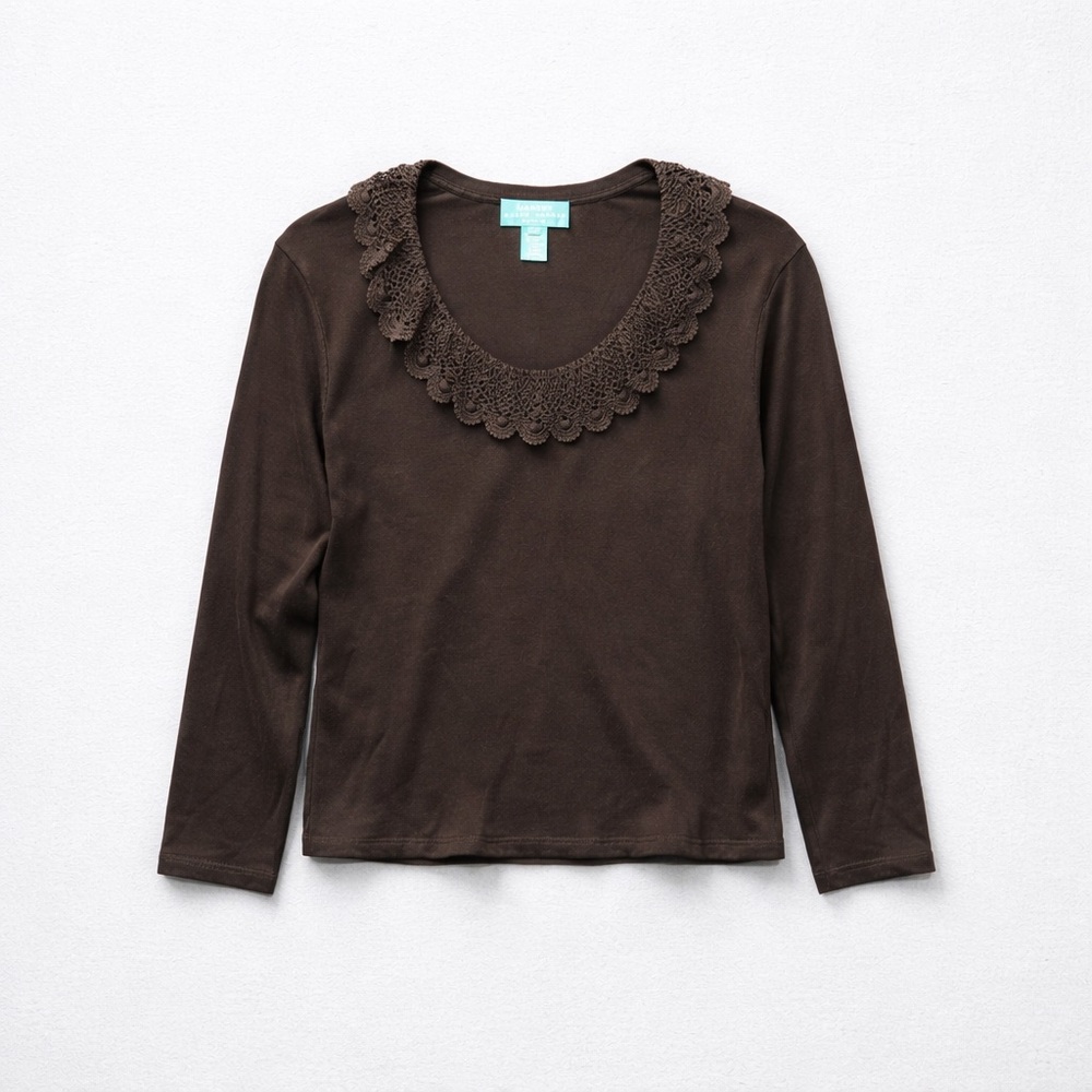 Lauren Ralph Lauren Y2K Ruffled Collar Silk Sweater Dark Brown Womens Size MP - Picture 2 of 11